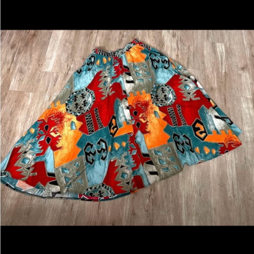 🇨🇦 Vintage 90s Abstract Art Midi Skirt – Teal Red Orange• Suttles & Seawinds - Picture 3 of 16